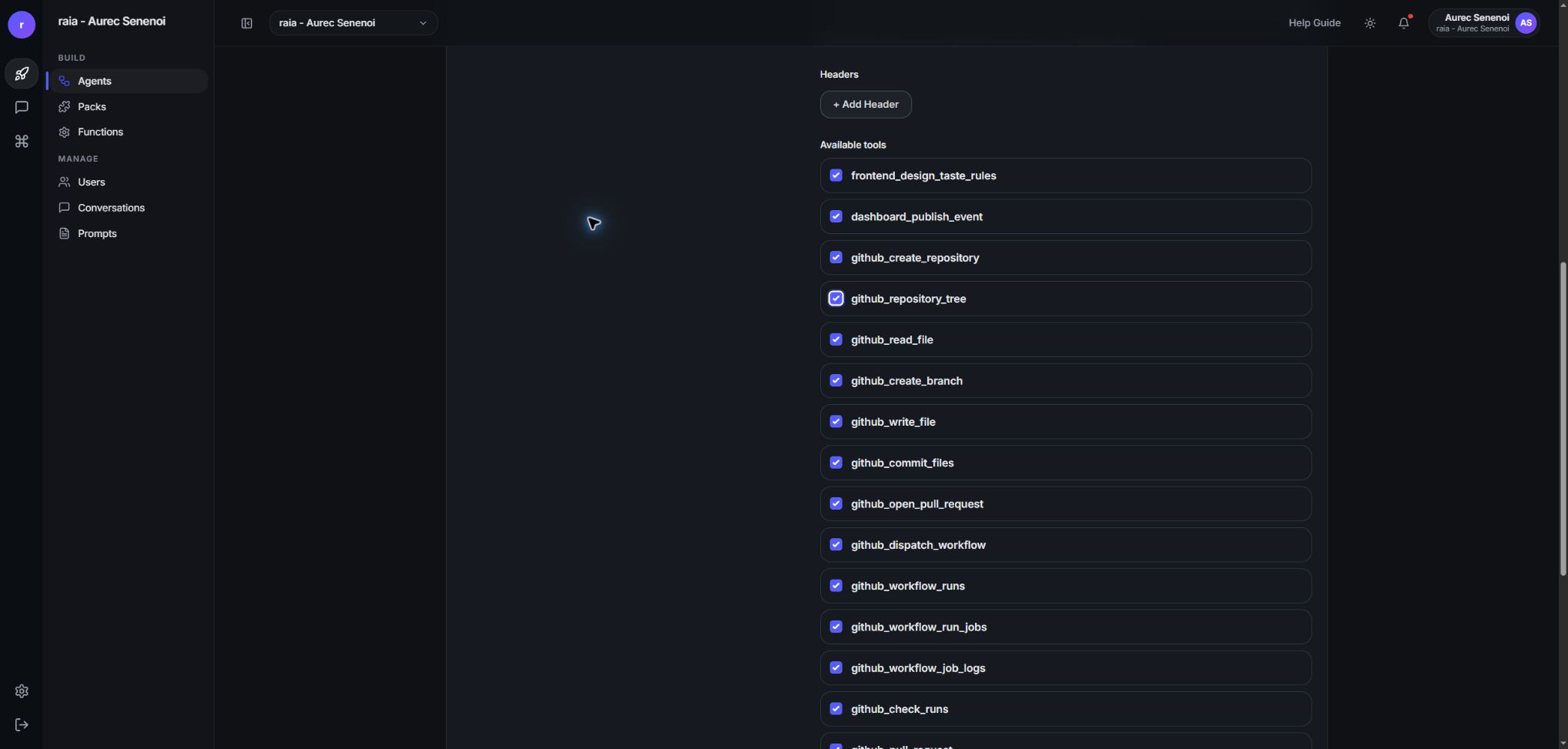 Existing Software Builder demo cropped to the checked github_repository_tree and github_read_file rows.