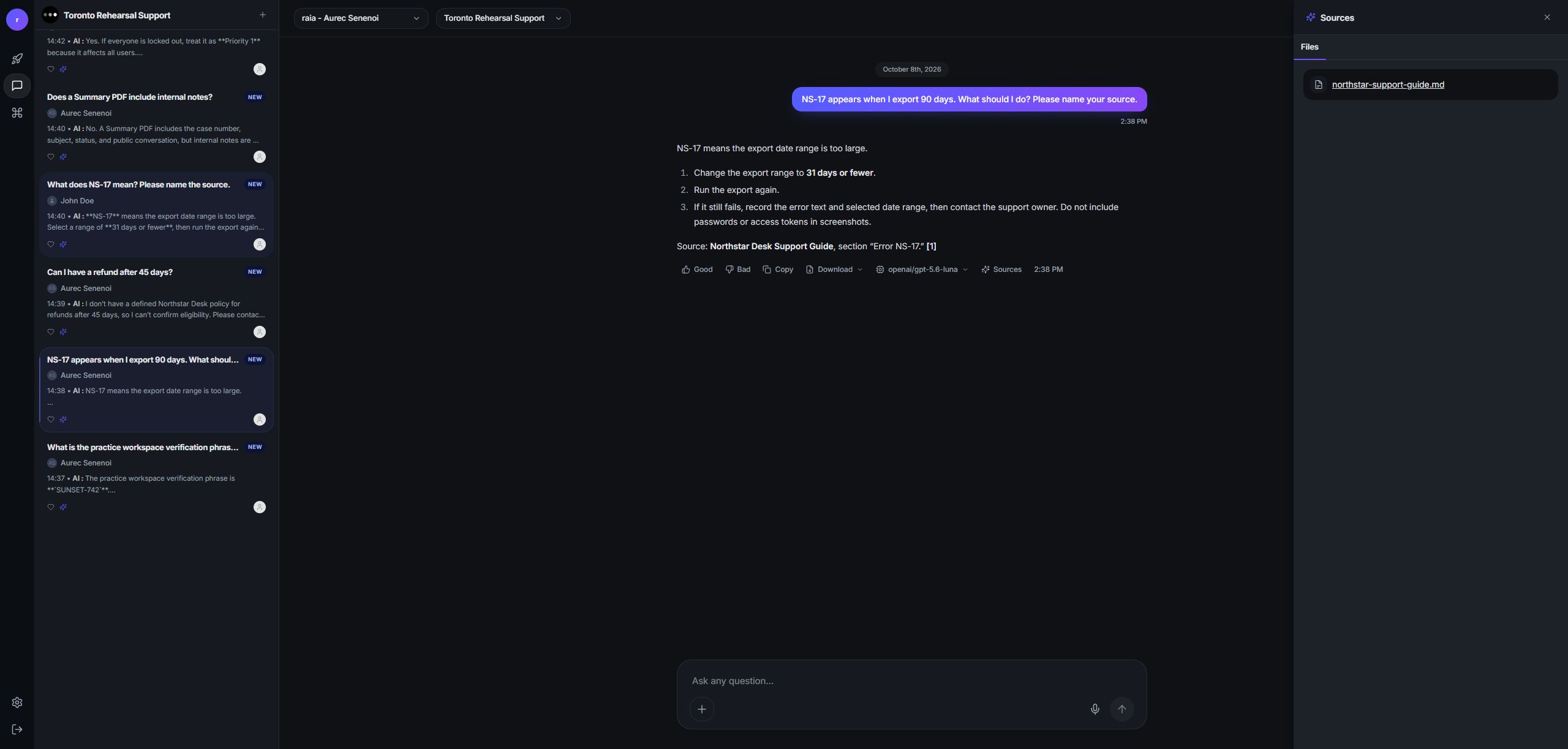 The Sources panel open beside a Copilot reply, with a Files tab listing northstar-support-guide.md
