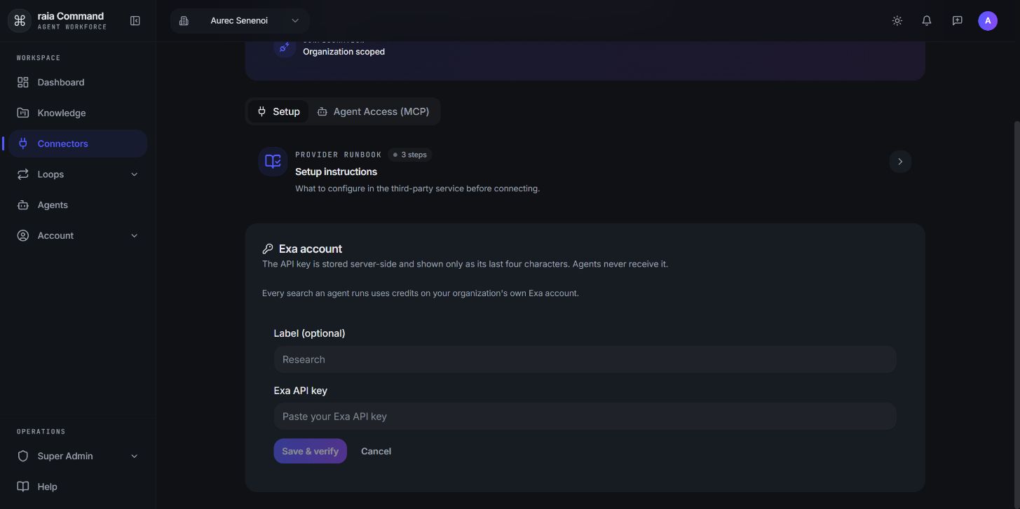 Blank connector form: Label (optional), Exa API key, and Save & verify.