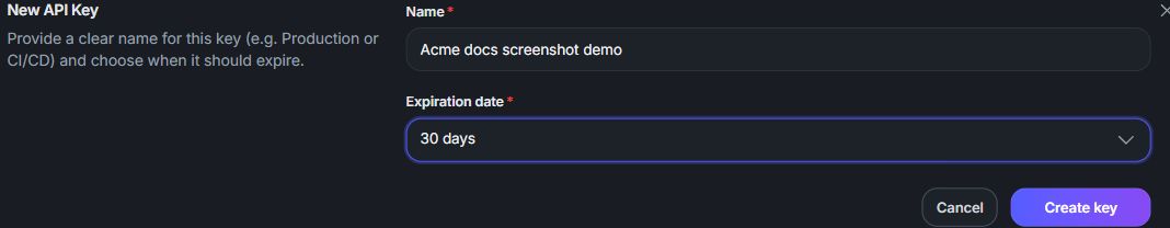Enter a Name and choose an Expiration date before Create key.