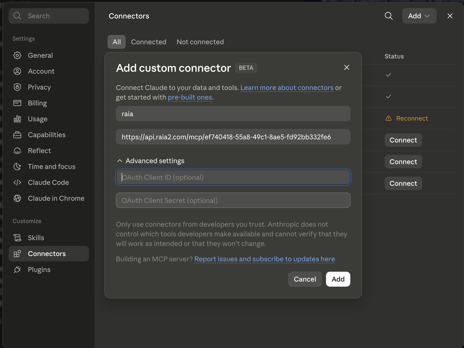 Claude Add custom connector dialog with raia name and OAuth Registration URL