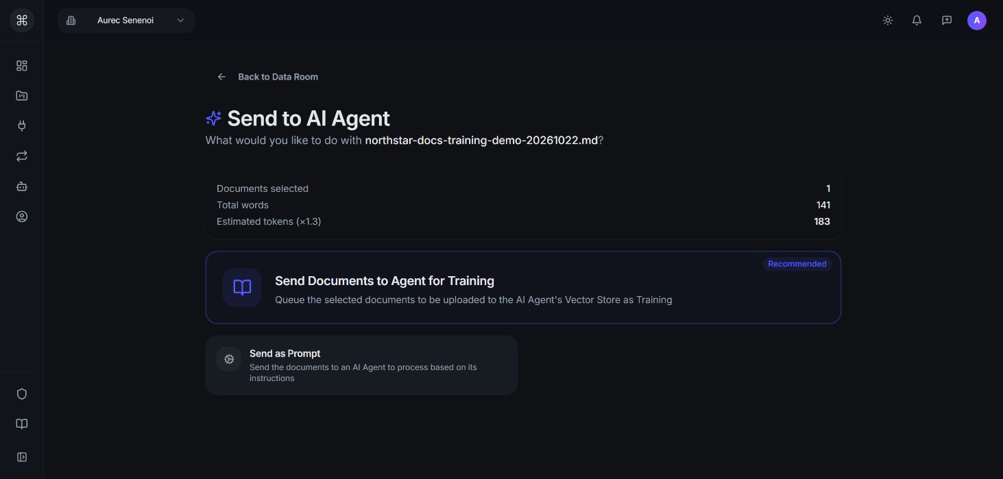 Choose training for reusable knowledge; selecting the agent queues it immediately.