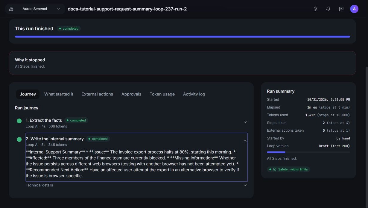 The Journey of a finished test Run with step 1 and step 2 completed and step 2's internal summary shown
