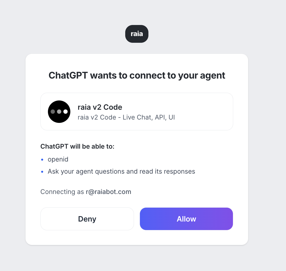 raia consent screen granting ChatGPT permission to connect to the agent