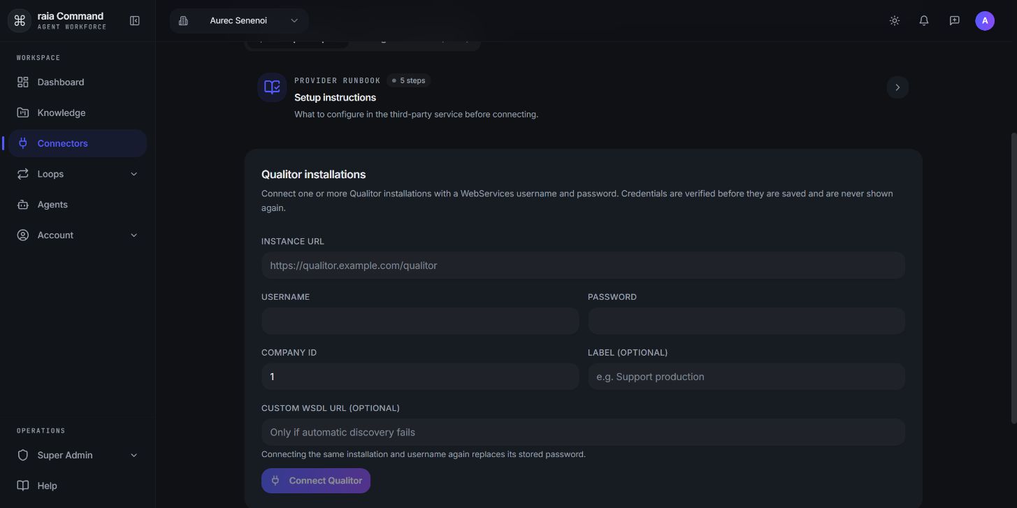 Blank Qualitor form: Instance URL, Username, and Password.