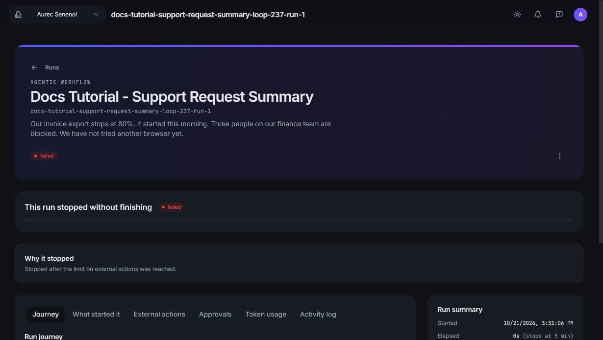 A failed Run detail page showing 'This run stopped without finishing' and 'Why it stopped: Stopped after the limit on external actions was reached'