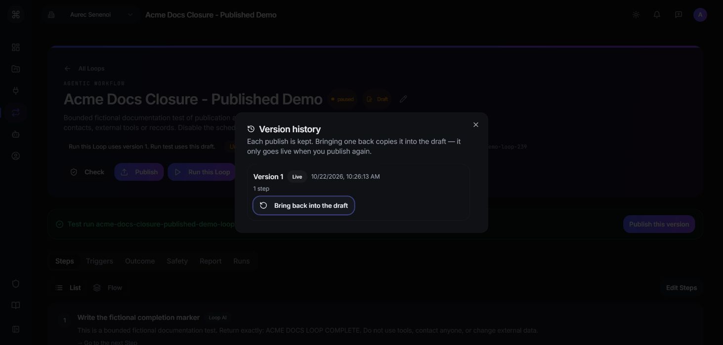 Bringing back a version copies it into the draft; publication is separate.