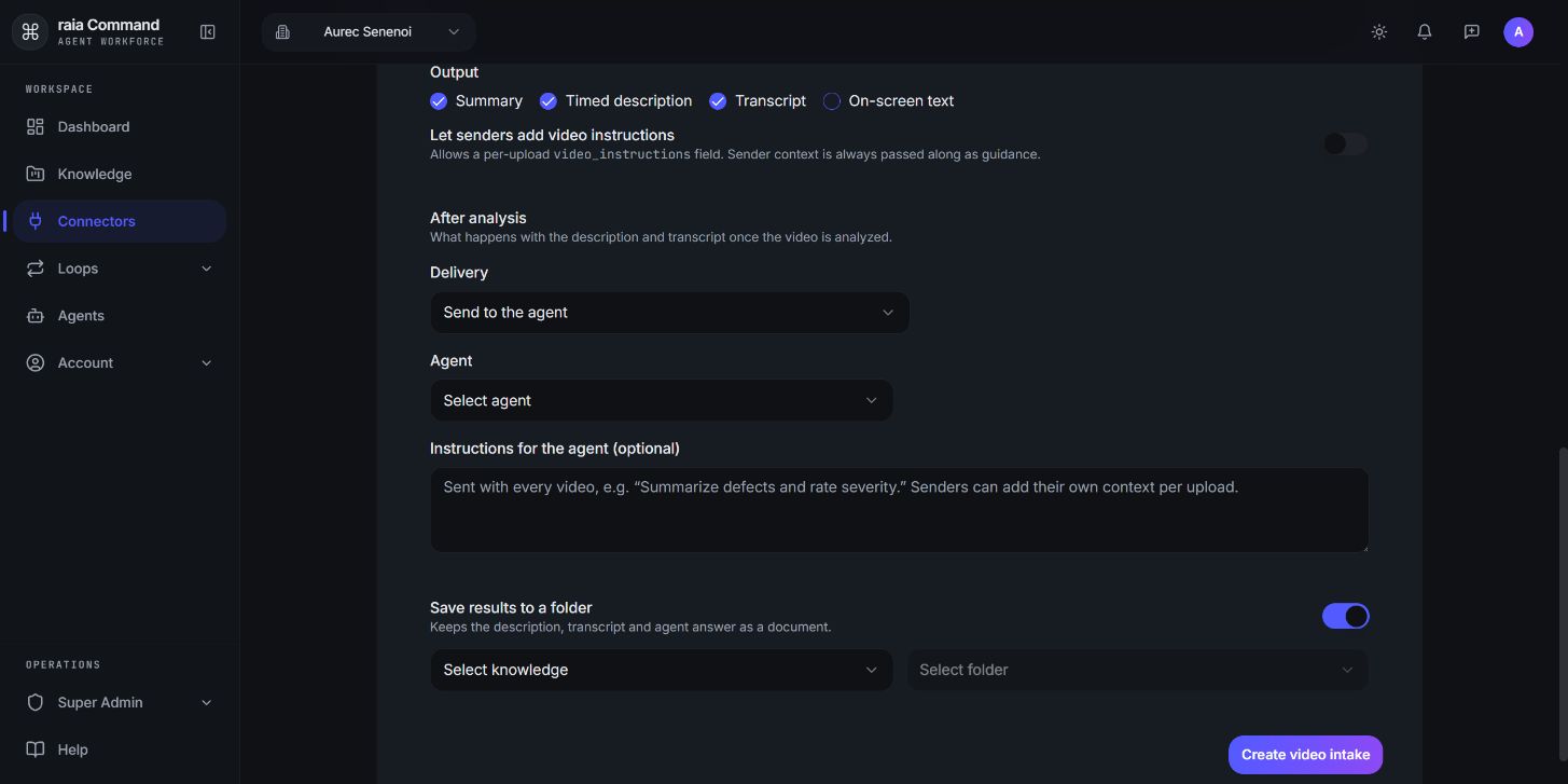 New video intake form with Save results to a folder switched on, revealing the Select knowledge and Select folder dropdowns.