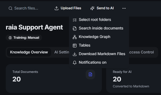 The Data Room toolbar with the Upload Files and Send to AI buttons and the open three-dot menu