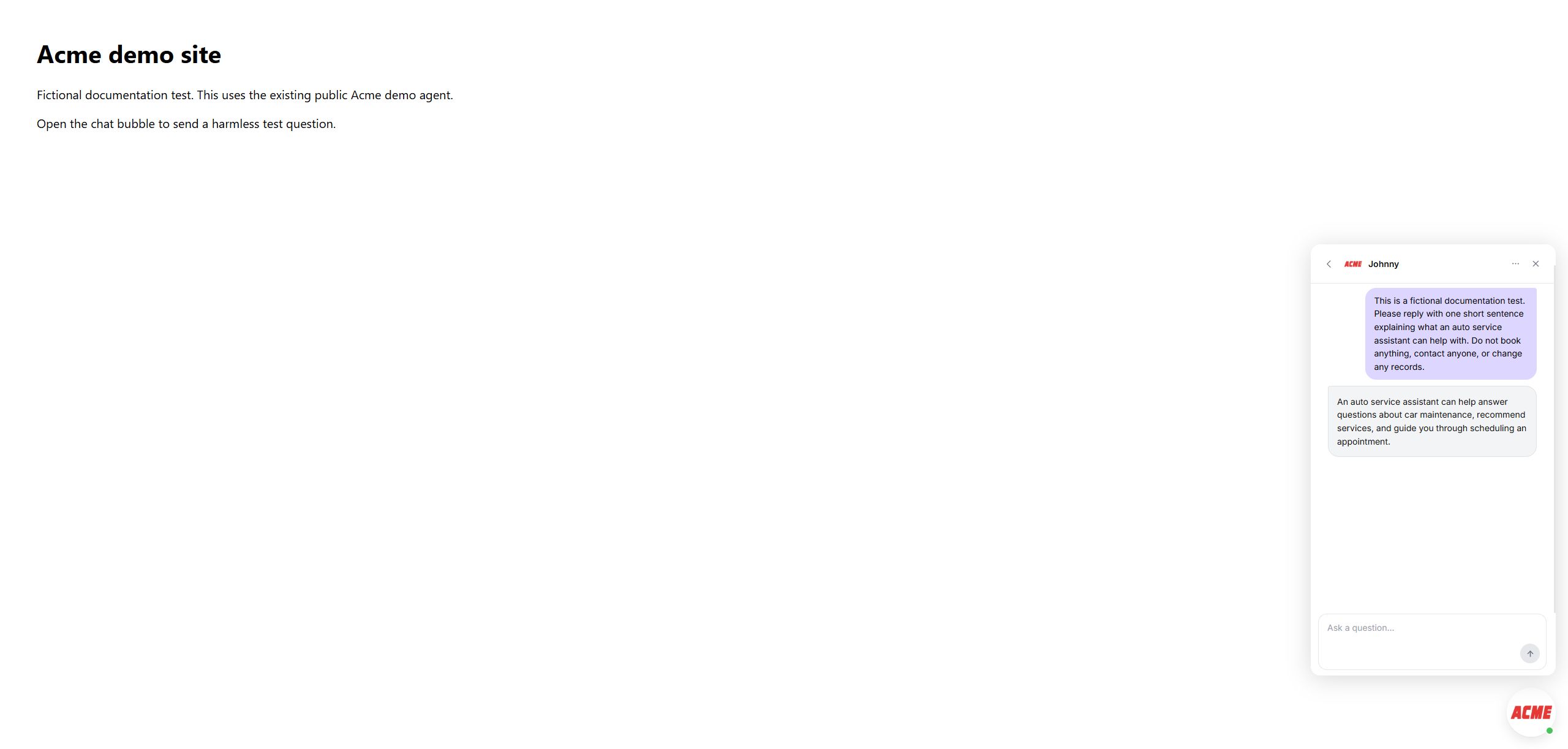 The public test agent's reply on the local test page.
