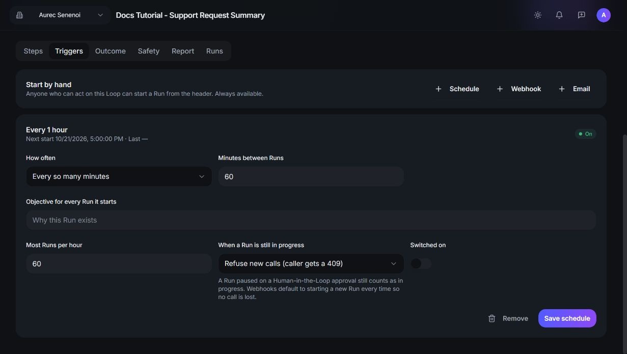 Product screenshot detail: + Schedule creates the schedule straight away. How often and Minutes between Runs. Objective for every Run it starts.