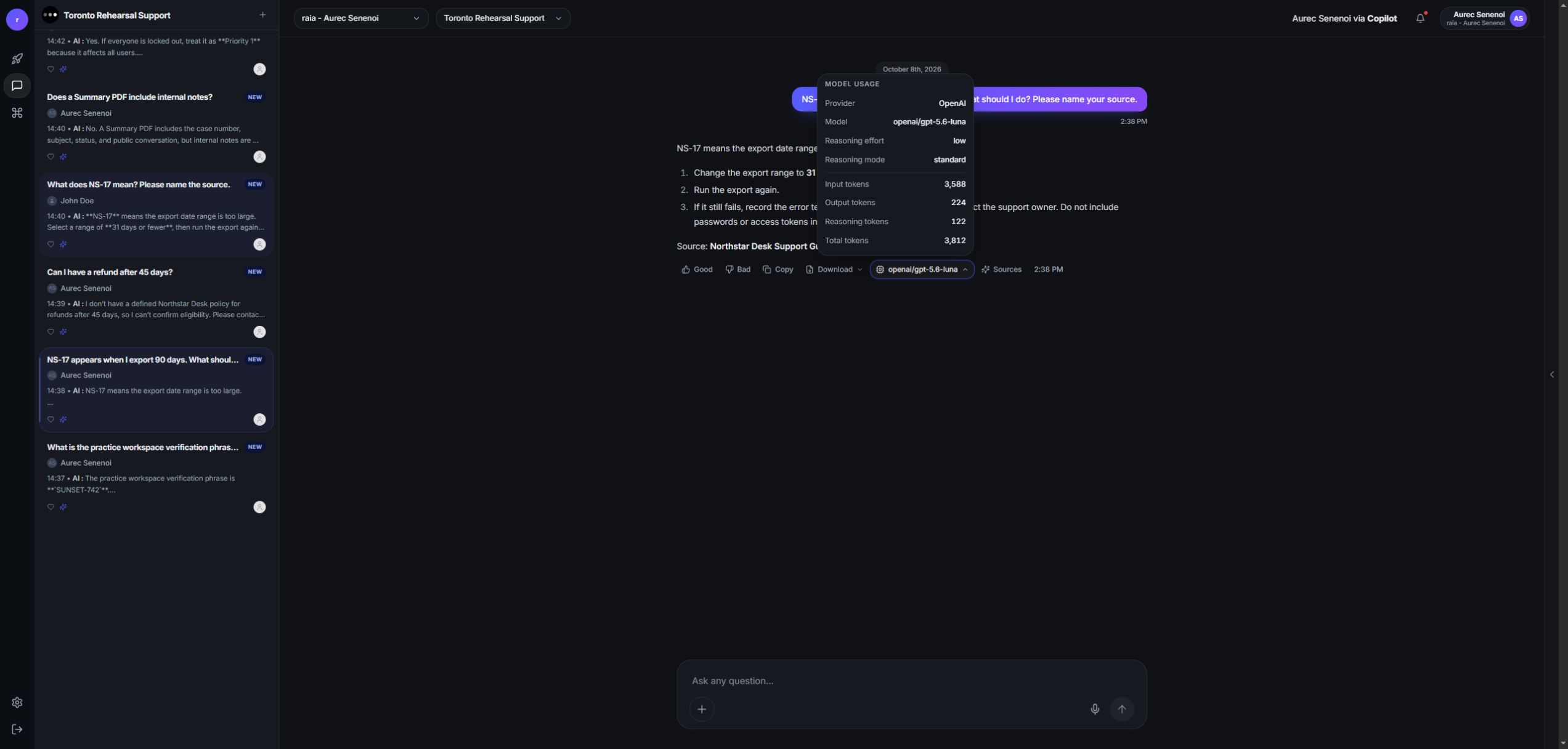 The Model usage popover over a Copilot reply: Provider OpenAI, Model openai/gpt-5.6-luna, Reasoning effort low, Reasoning mode standard, Input tokens 3,588, Output tokens 224, Reasoning tokens 122, Total tokens 3,812