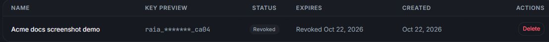 A revoked key remains listed with its Revoked status.