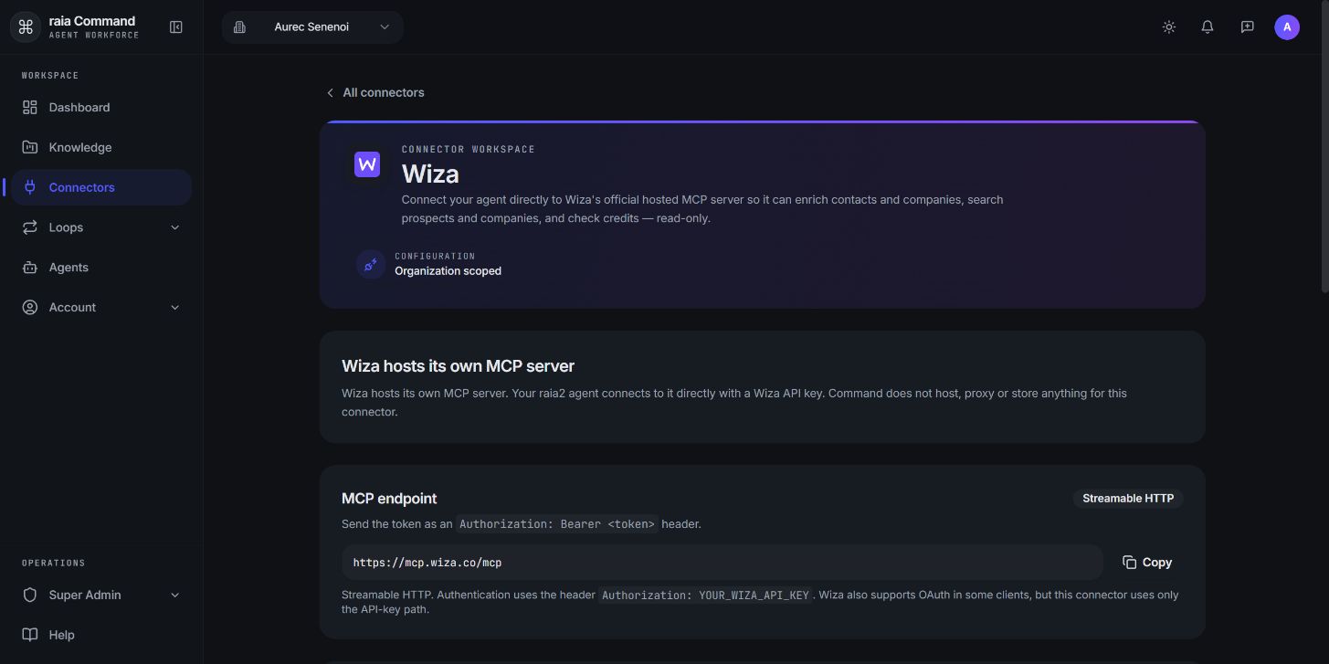 Command reference for the provider-hosted MCP endpoint https://mcp.wiza.co/mcp: transport Streamable HTTP, the URL, and a Copy button.