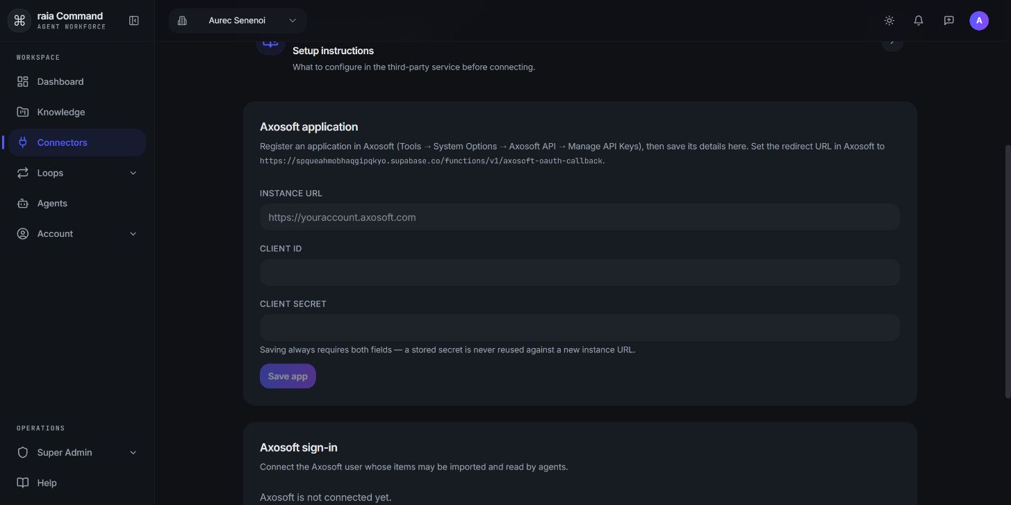 Axosoft application instructions in Command, including the Redirect URI (callback URL) to register in the Axosoft OAuth app.
