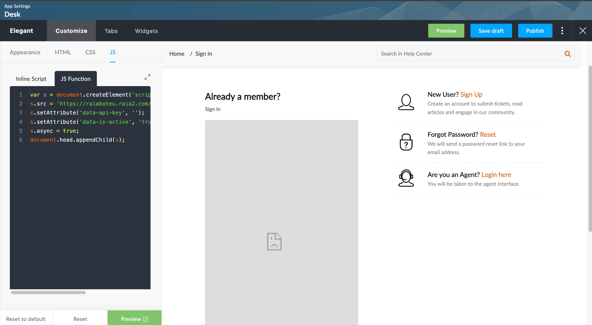 Zoho Desk Help Center customisation editor with the JS Function tab open and the raia widget loader script pasted in