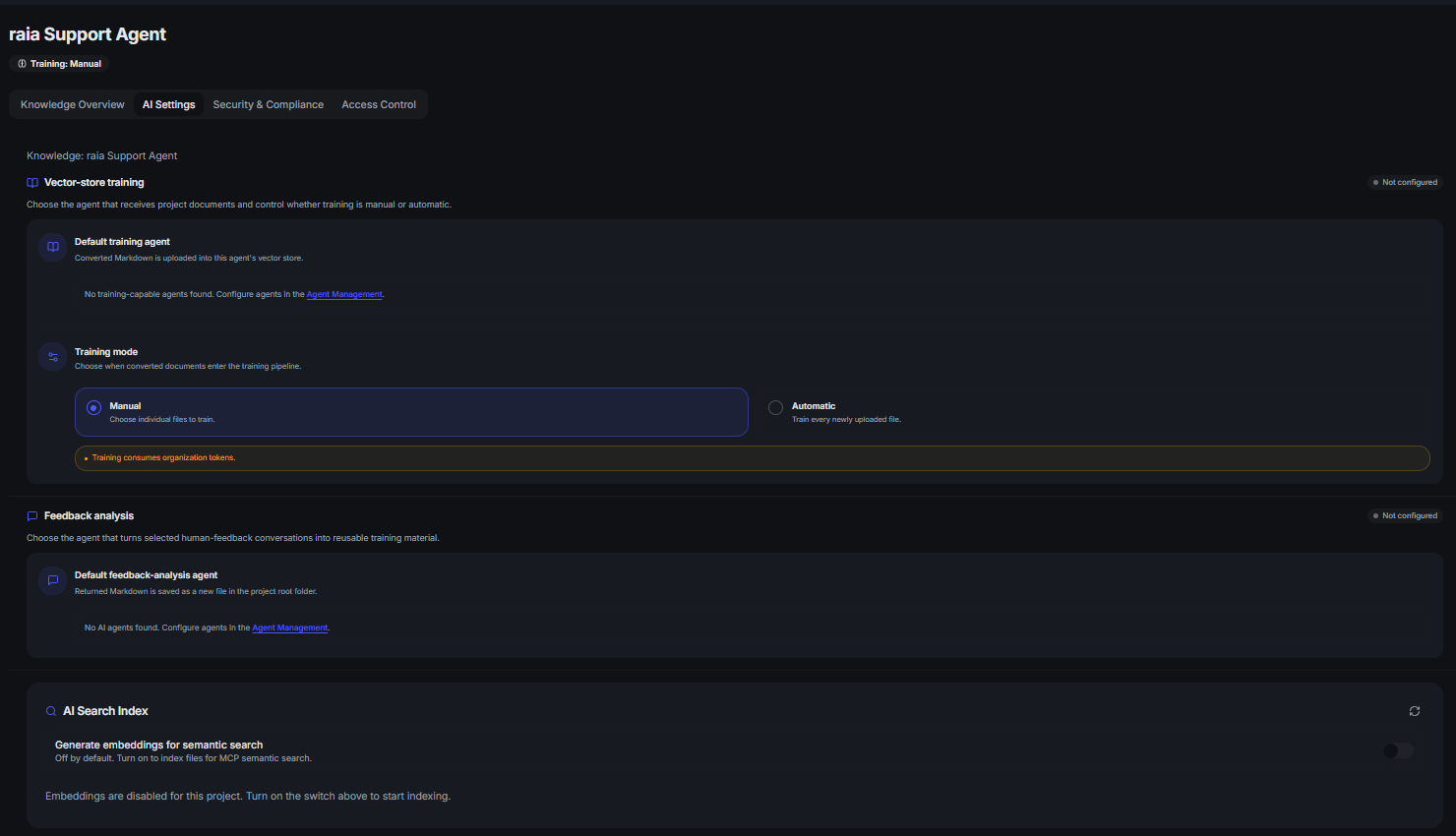 The AI Settings tab of a project, showing vector-store training, feedback analysis, and AI search index options