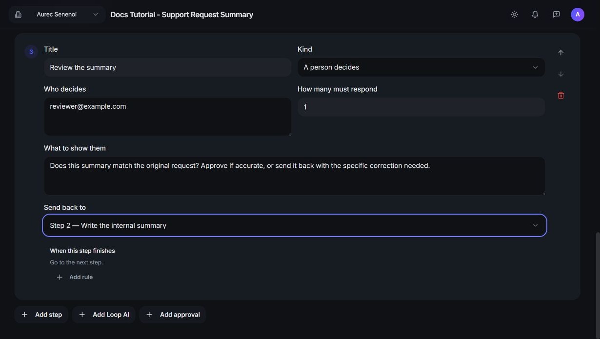 Product screenshot detail: Add approval adds the step. Kind: A person decides Who decides