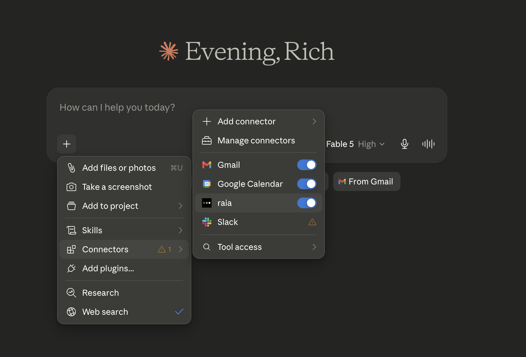 Claude composer showing the connectors menu with raia agent enabled