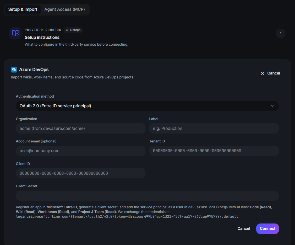 A connector setup page in Command, showing the Setup & Import tab, setup instructions, and the connection form with authentication and credential fields