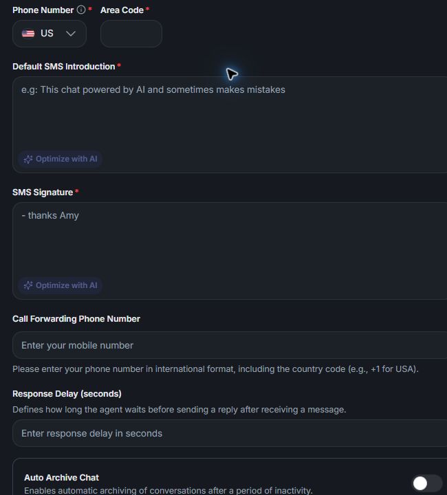 New SMS Skill: country and Area Code, then the introduction. This view does not show Create. Showing Phone Number: choose the country, Area Code, Default SMS Introduction.