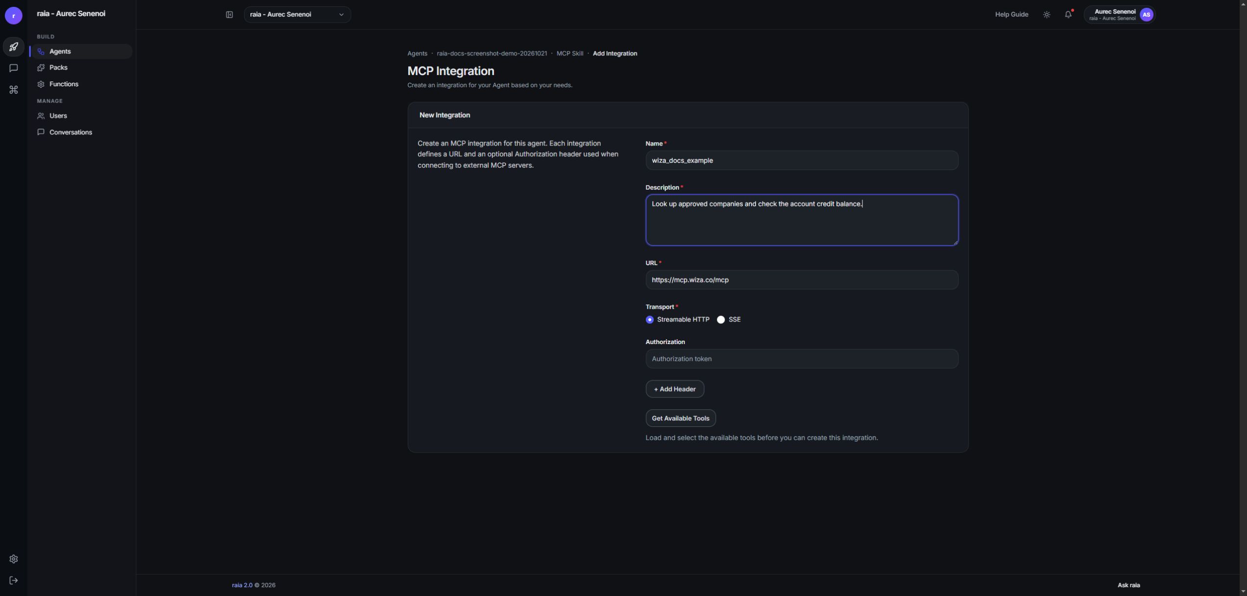 The New Integration form in raia CX with a fictional unsaved draft: URL https://mcp.wiza.co/mcp and Transport set to Streamable HTTP.