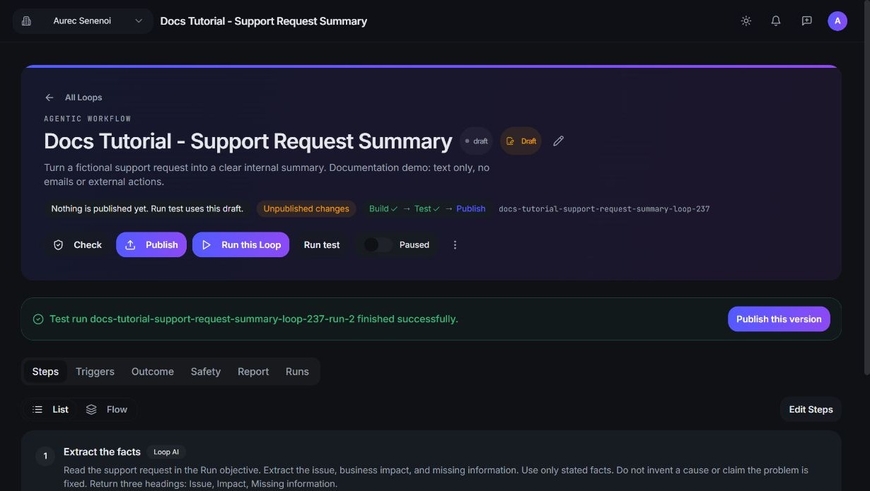 Product screenshot detail: The test Run finished successfully. Still “Nothing is published yet.” Still Paused.