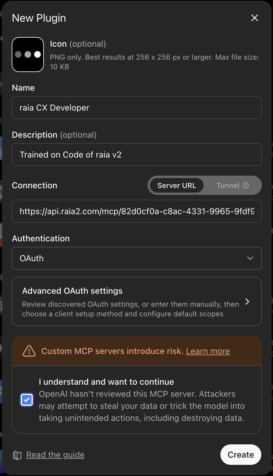 ChatGPT New Plugin panel with Name, Description, Server URL, and OAuth authentication