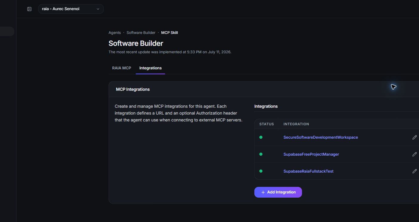 Software Builder Integrations tab with a coding connection first, two optional database connections and Add Integration.