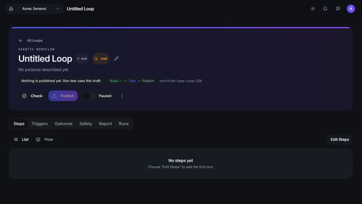 A new Loop named Untitled Loop with 'No purpose described yet', status 'Nothing is published yet. Run test uses this draft.', the Paused switch, the six tabs and an empty step list saying 'No steps yet'