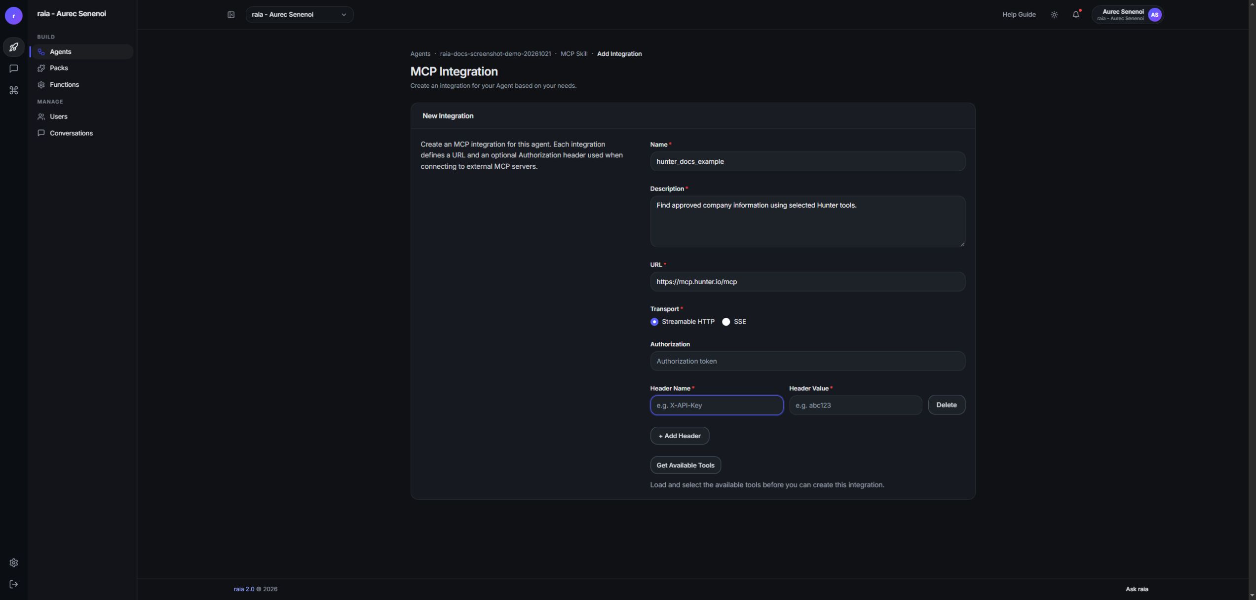 The top of the New Integration form in raia CX with a fictional unsaved Hunter draft: Name hunter_docs_example and Description 'Find approved company information using selected Hunter tools.'