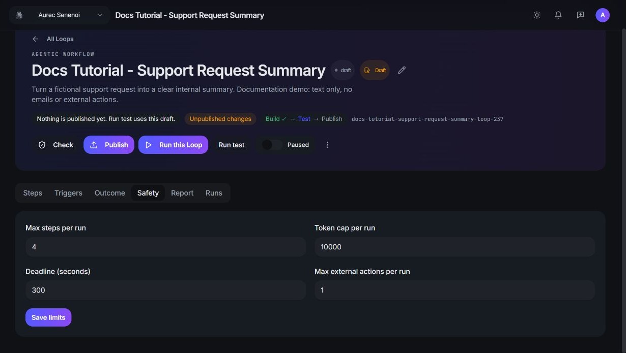 Product screenshot detail: The Safety tab. Max steps per run: 4 Token cap per run: 10000