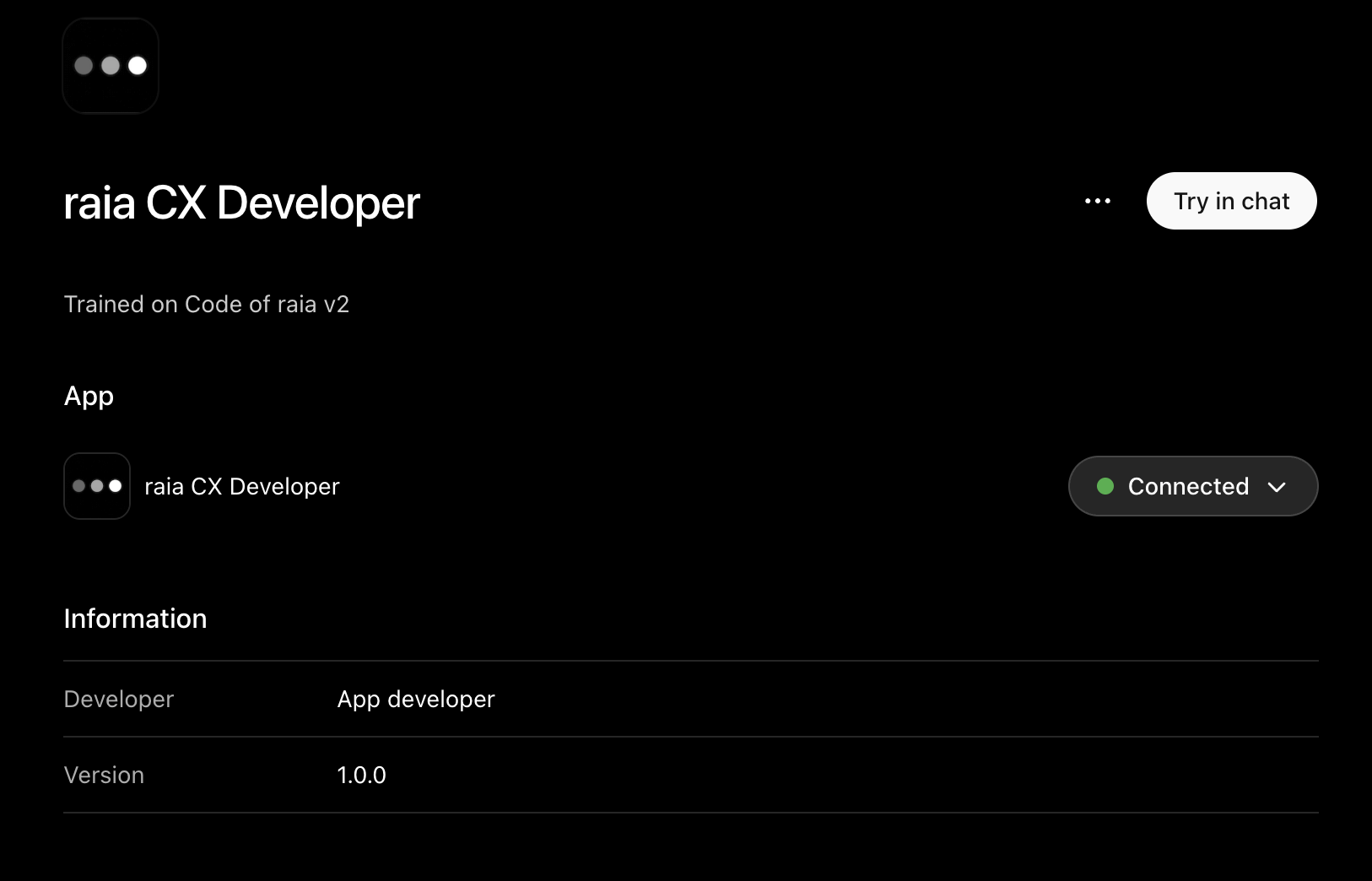 ChatGPT plugin detail page showing raia CX Developer as Connected