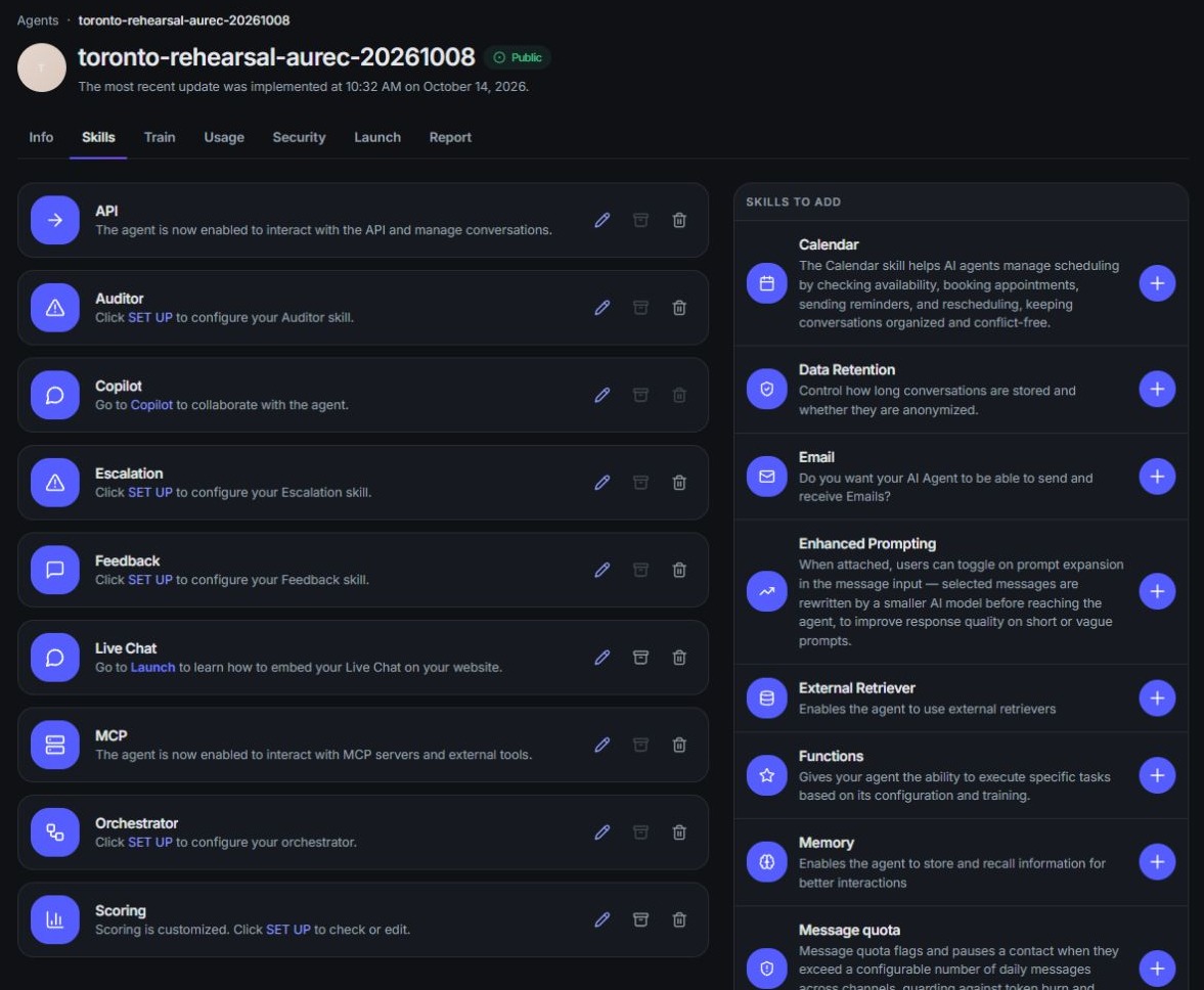 Product screenshot detail: The Skills tab. The plus button adds a skill from Skills to add.