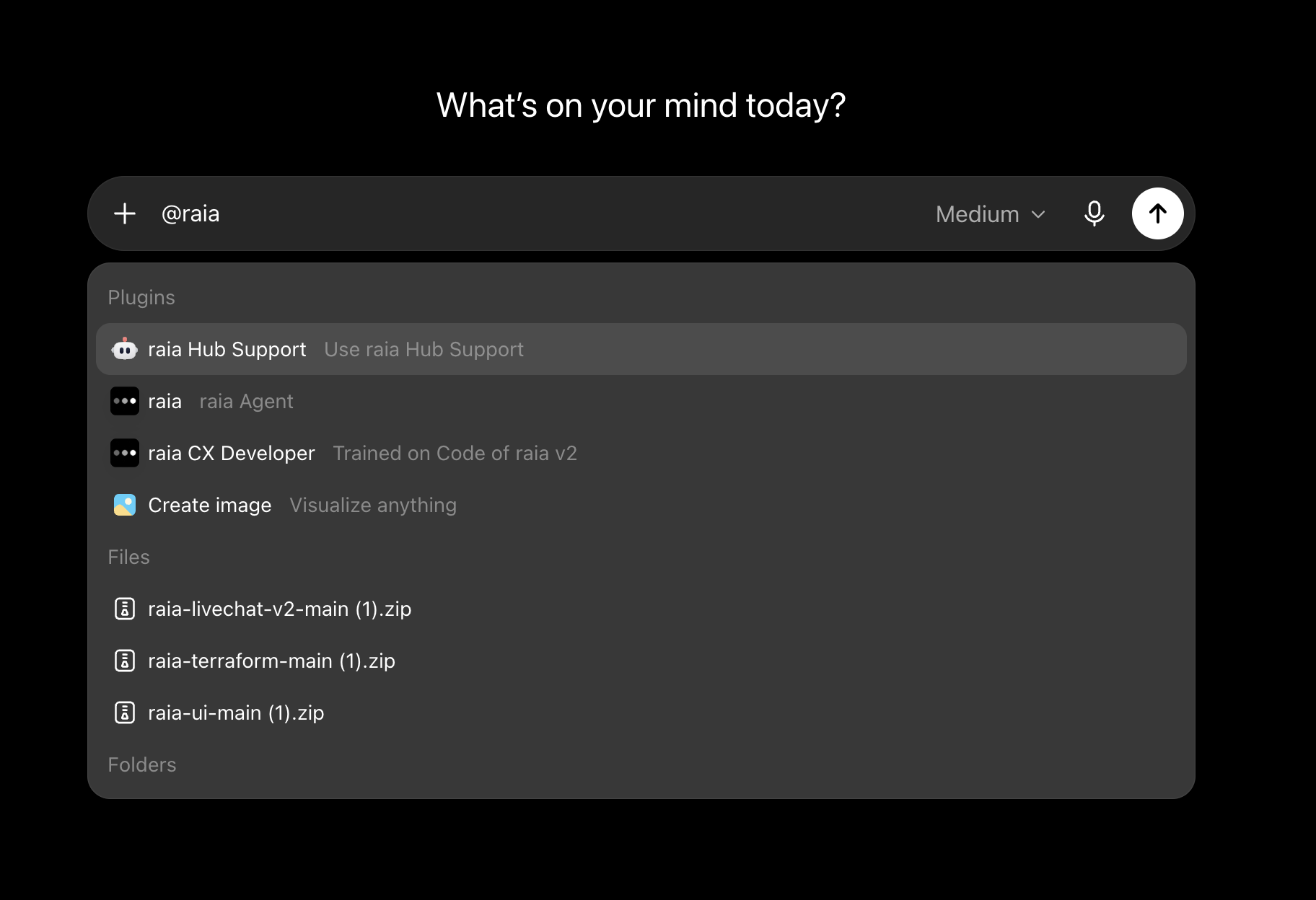 ChatGPT composer showing the @raia plugin picker with the raia agent selected