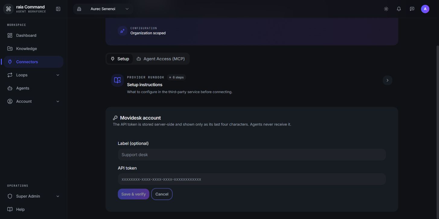 Blank connector form: Label (optional), Movidesk API token, and Save & verify.