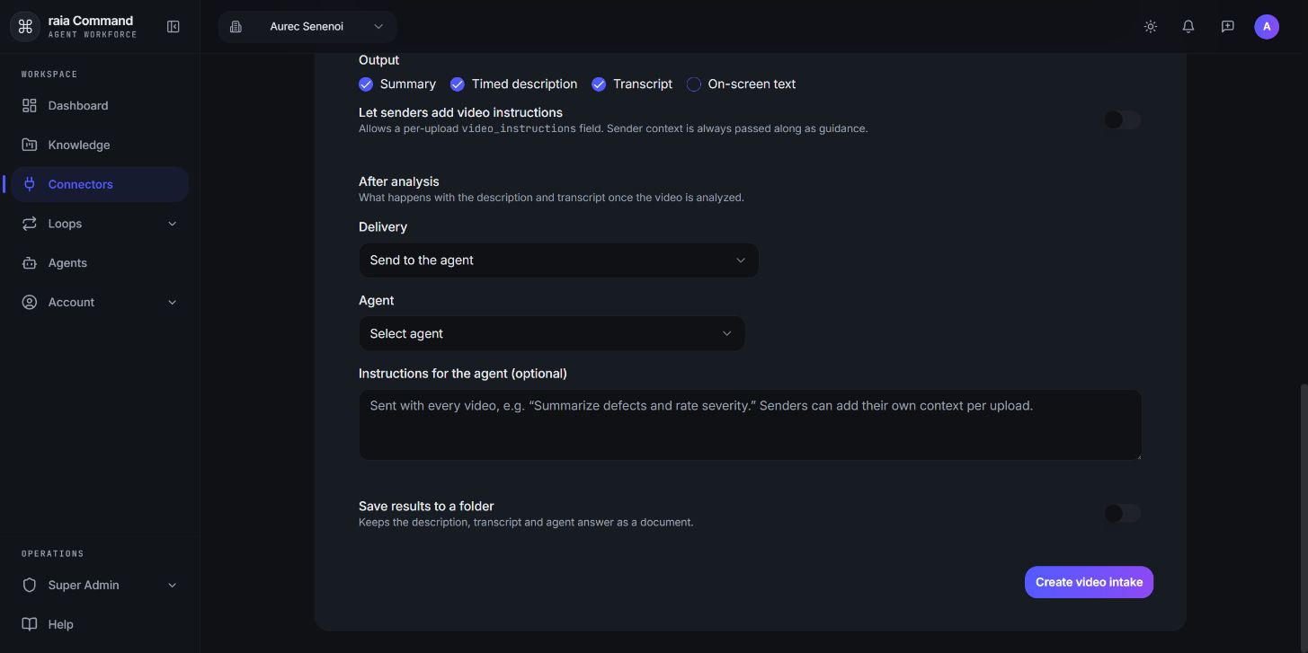 New video intake form: Delivery (Send to the agent or Return values only), Agent, and Instructions for the agent (optional).