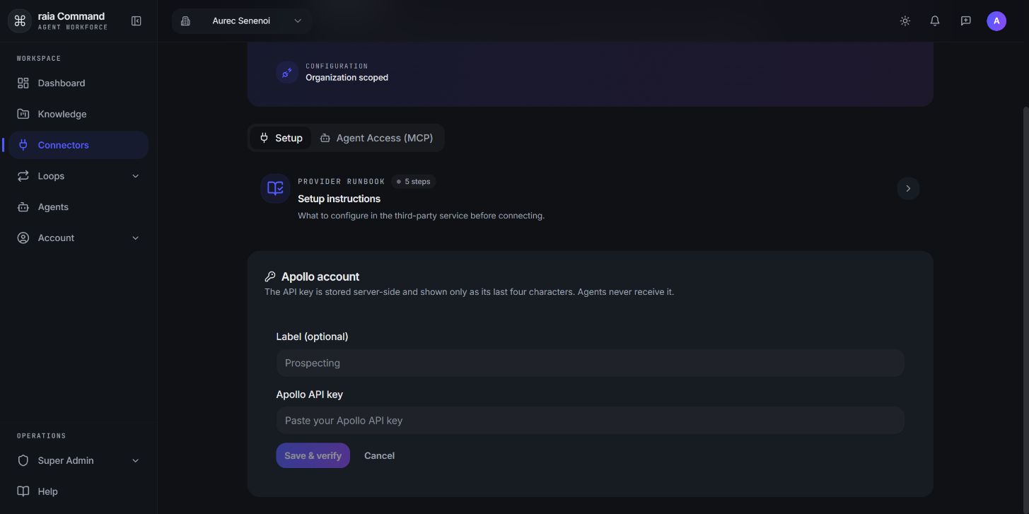 Blank connector form: Label (optional), Apollo API key, and Save & verify.