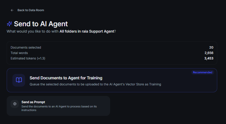 The Send to AI Agent dialog showing the training and send-as-prompt options