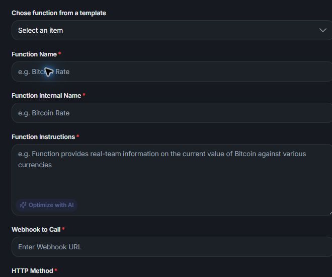 New Function: when to call it and the approved webhook URL. Showing Function Instructions, Webhook to Call.