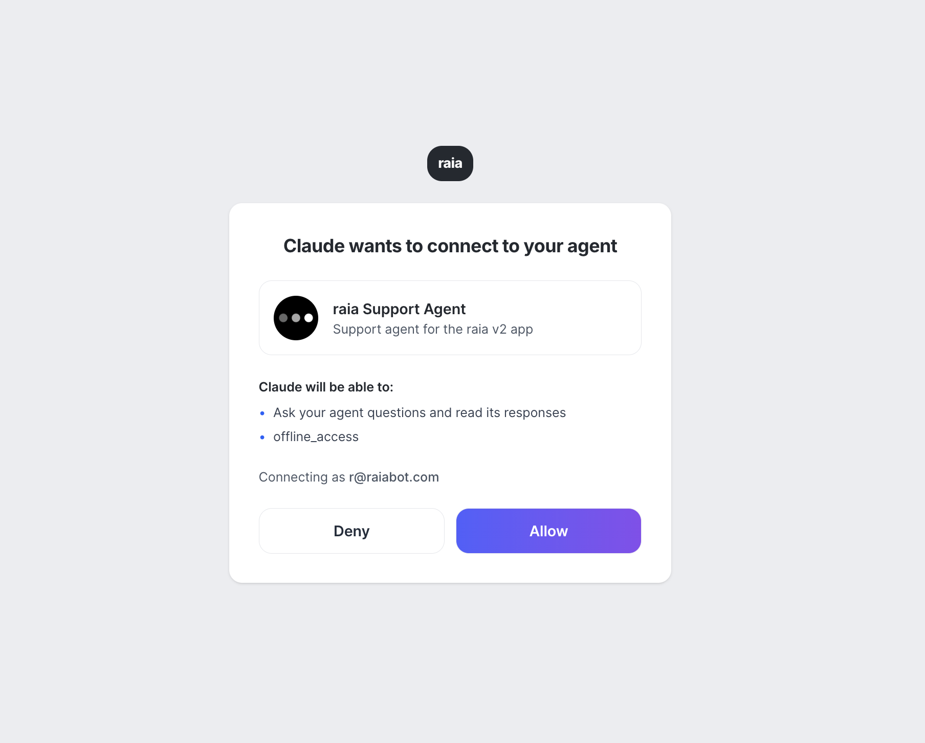 raia consent screen granting Claude permission to connect to the agent