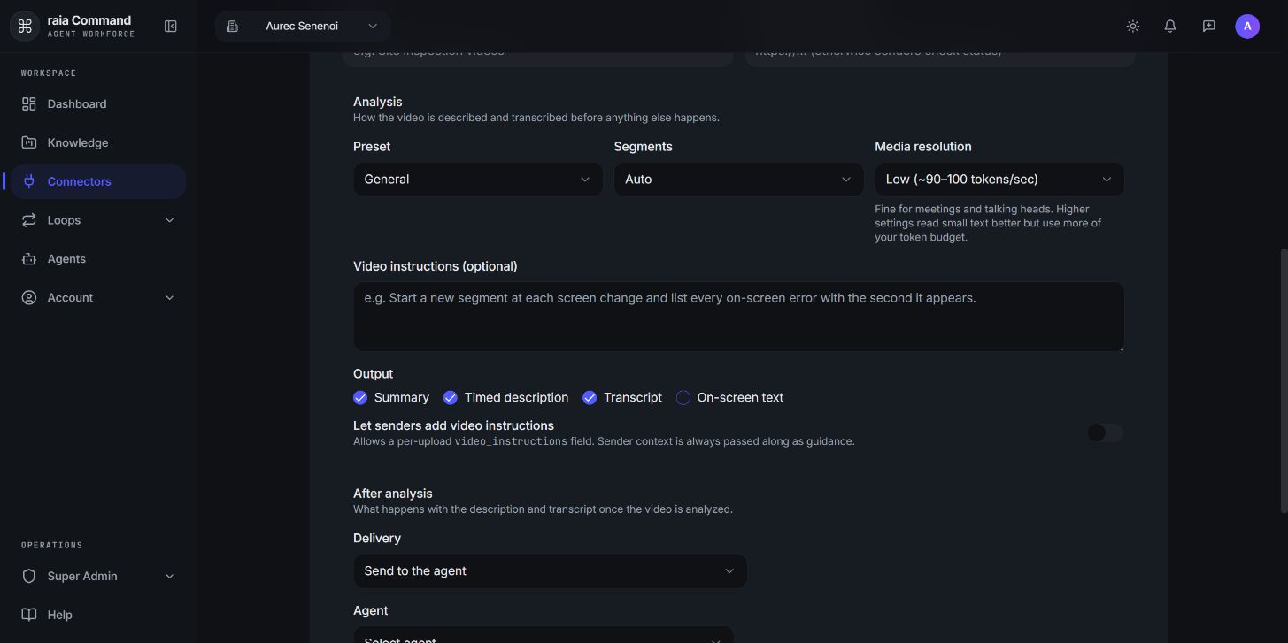 New video intake form: Video instructions (optional), Output choices (Summary, Timed description, Transcript, On-screen text), and the sender-instructions switch.