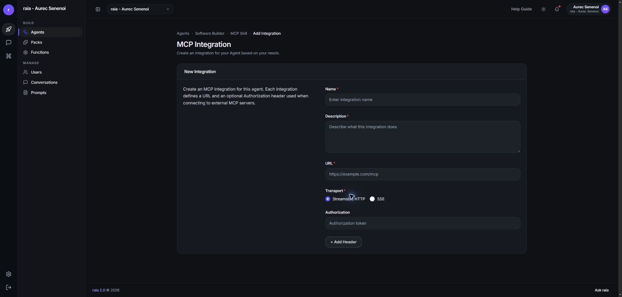 Blank Name and Description fields in the new MCP integration form.