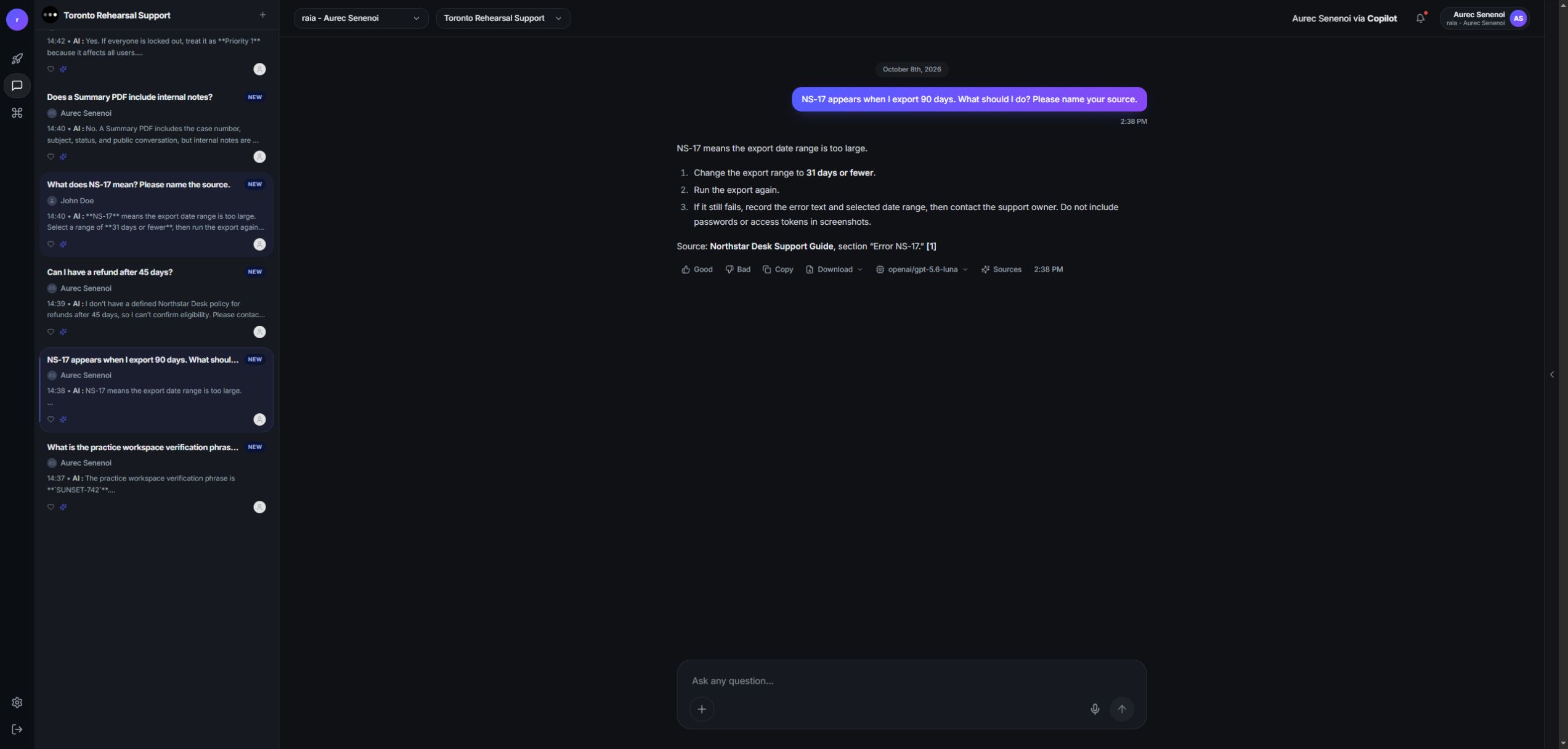 A Copilot test reply about error NS-17 with a cited source line, and under it Good, Bad, Copy, Download, the model name openai/gpt-5.6-luna, and Sources