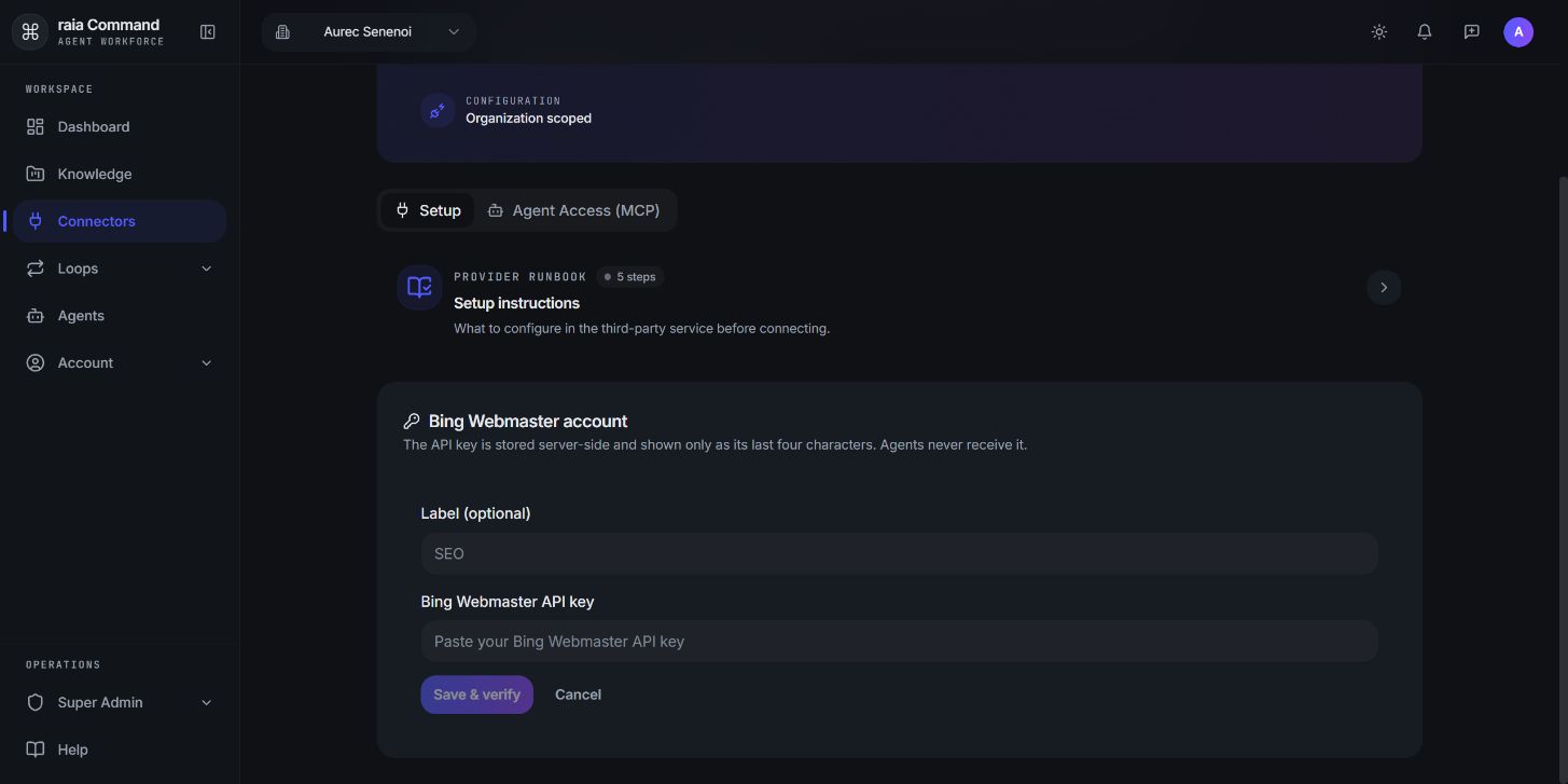 Blank connector form: Label (optional), Bing Webmaster API key, and Save & verify.