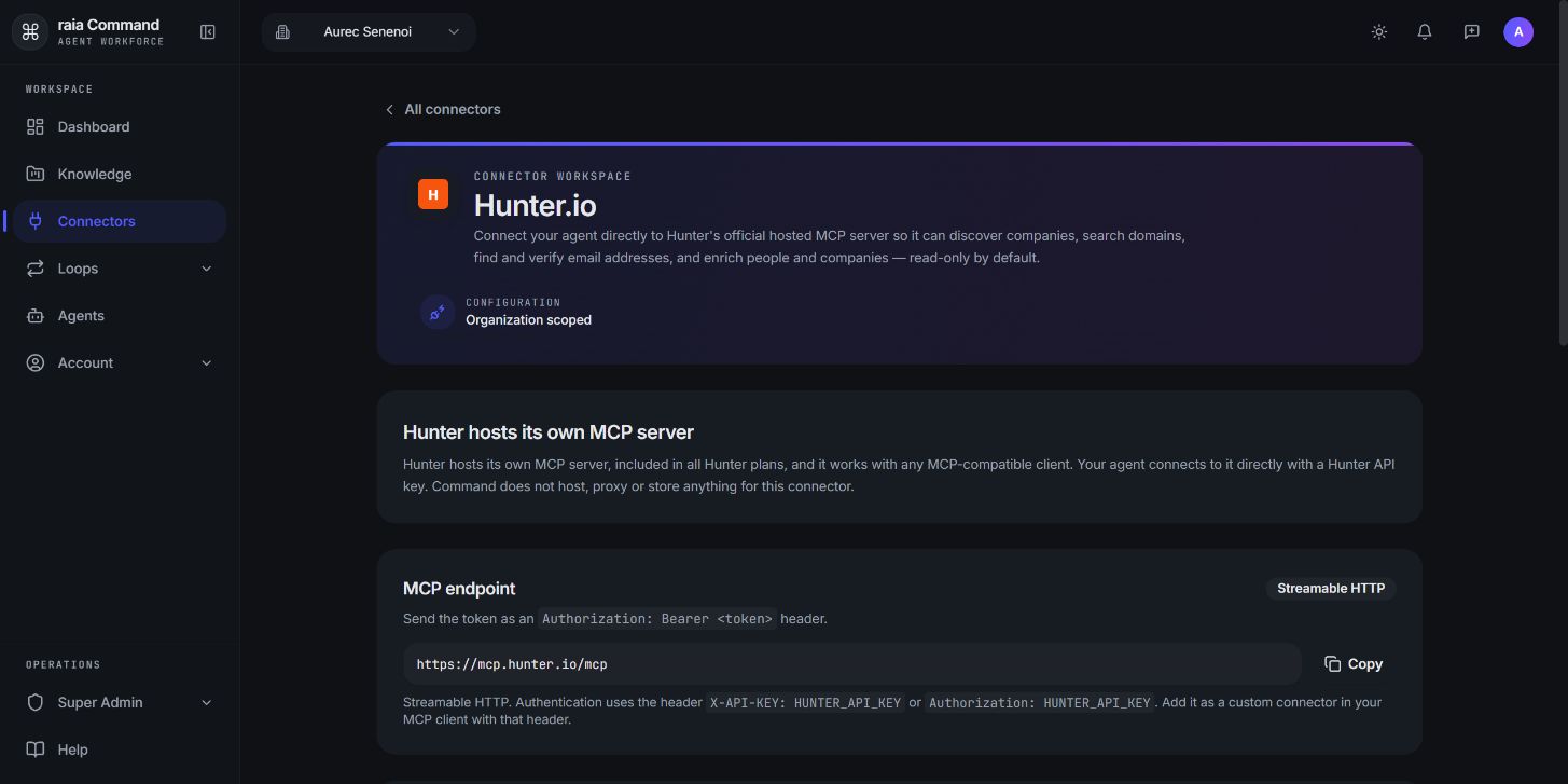 Command reference for the provider-hosted MCP endpoint https://mcp.hunter.io/mcp: transport Streamable HTTP, the URL, and a Copy button.