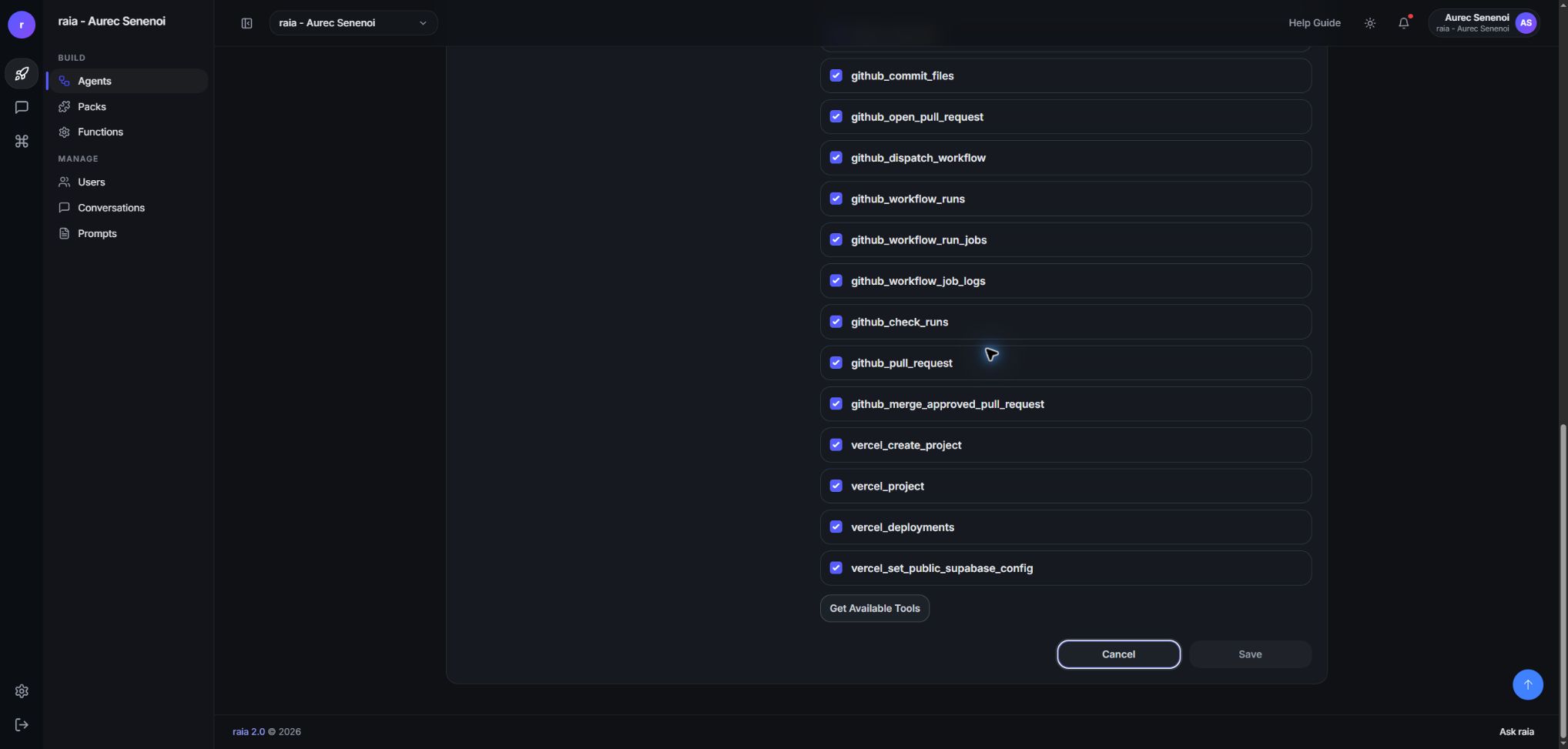 Advanced tool list with merge checked, Get Available Tools and a gray Save button.