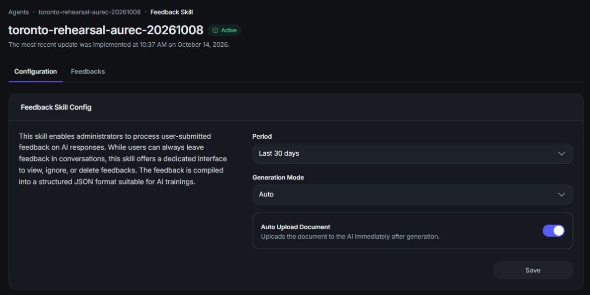 Product screenshot detail: Configuration holds the settings. Feedbacks lists the feedback itself. Period: how far back feedback is included (here, Last 30 days).