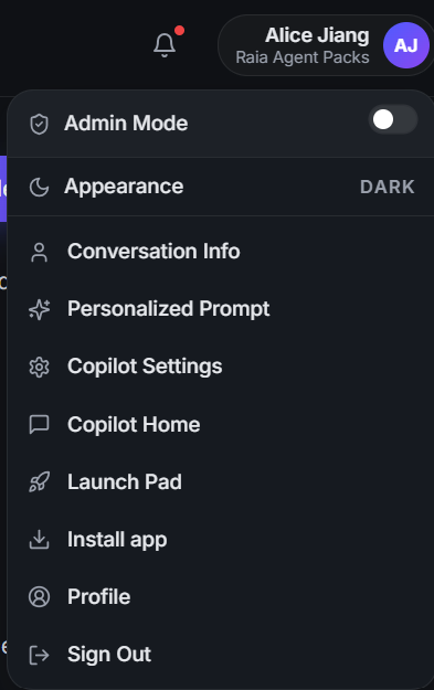 The Copilot profile menu opened from the top right, with the Admin Mode switch at the top.