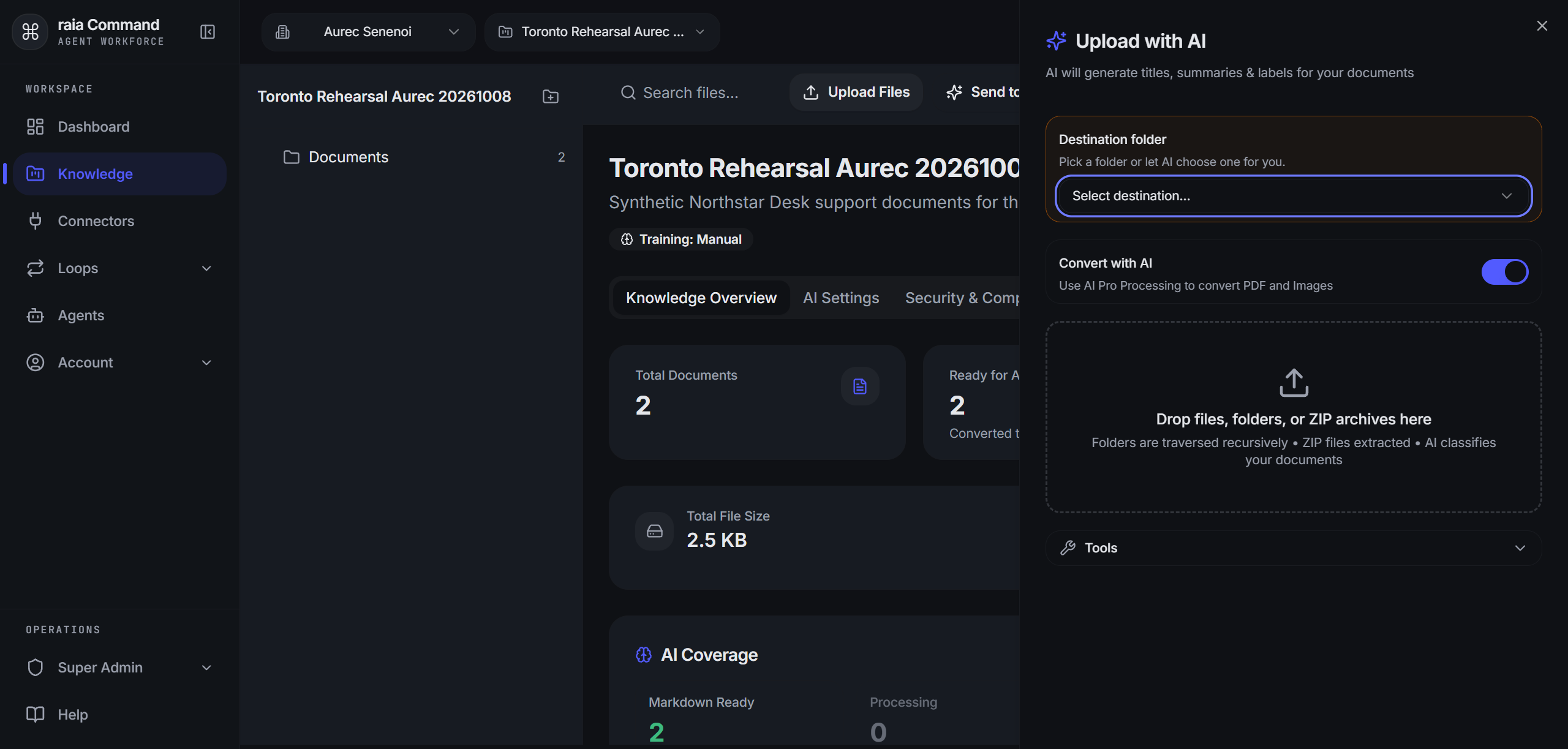 Upload with AI drawer: Destination folder and Convert with AI before selecting files. The initial file filter still blocks unsupported types, including images.